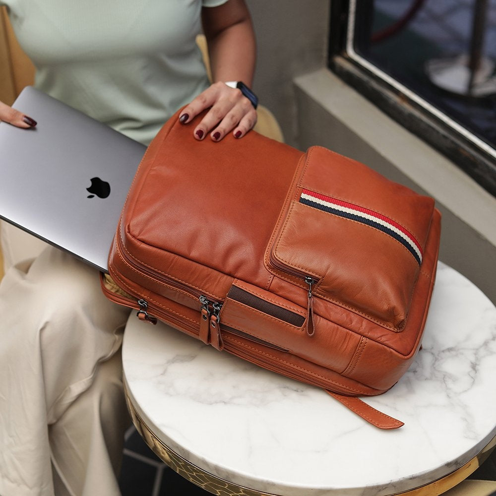 TEXAN Leather Laptop Backpack with Stripe - Cognac