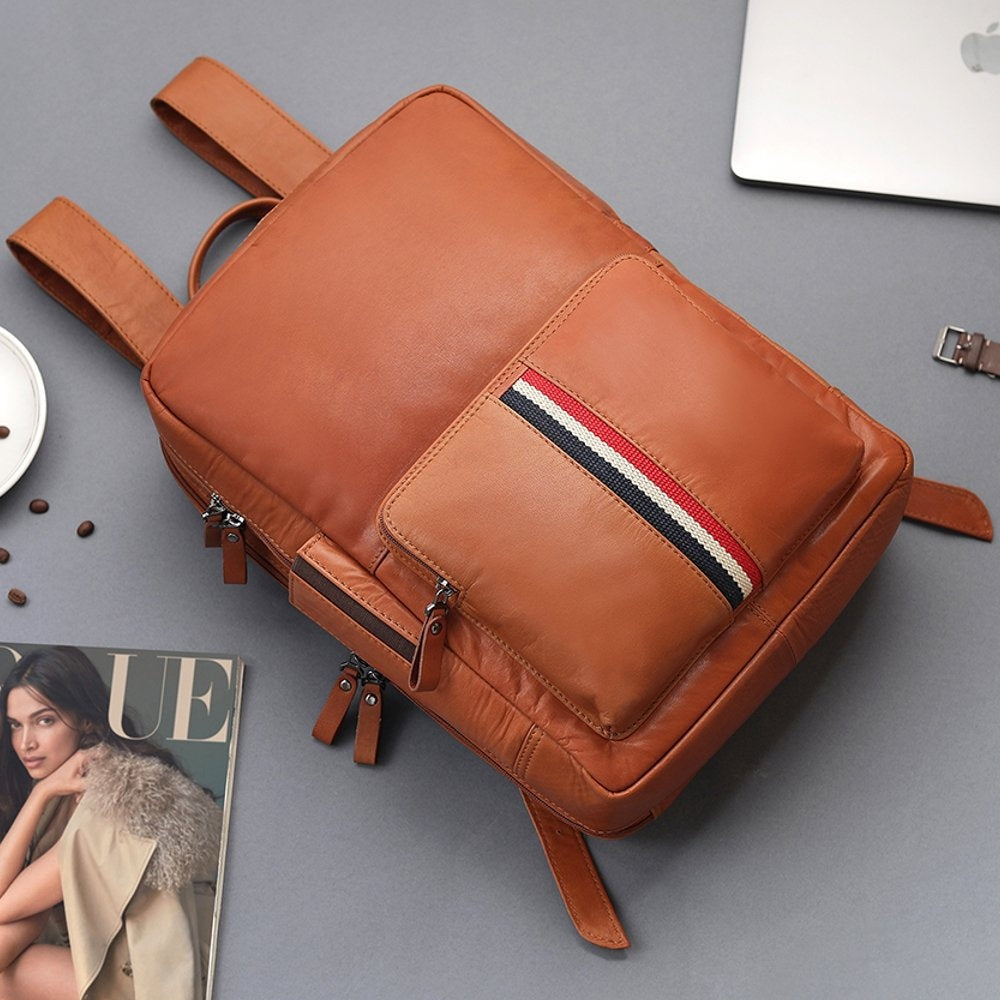 TEXAN Leather Laptop Backpack with Stripe - Cognac