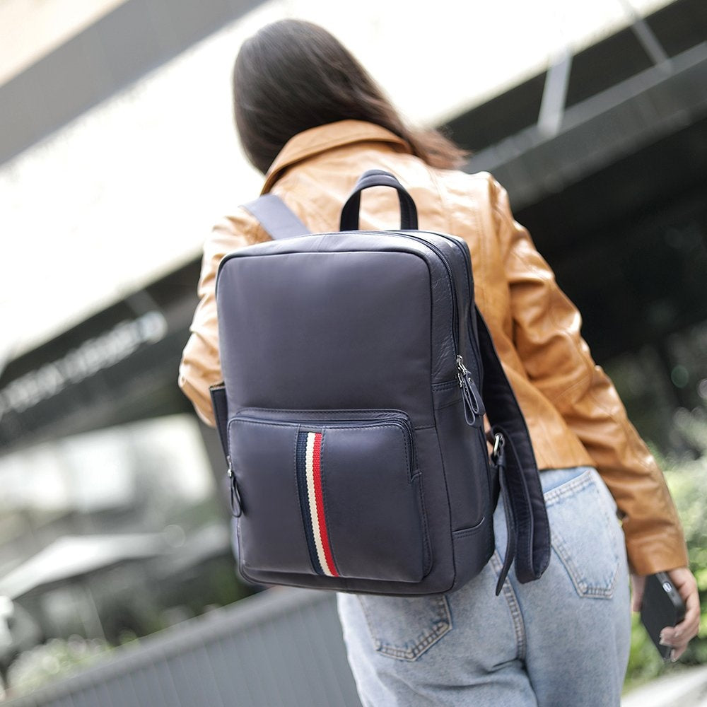 TEXAN Leather Laptop Backpack with Stripe - Navy