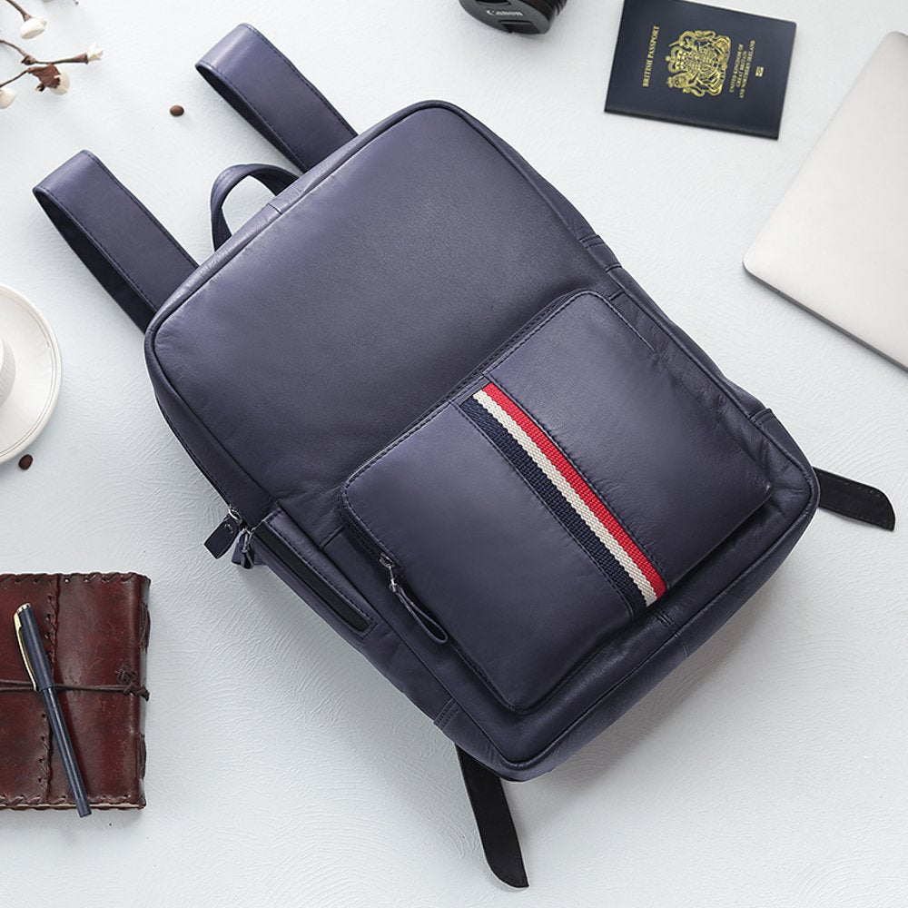 TEXAN Leather Laptop Backpack with Stripe - Navy