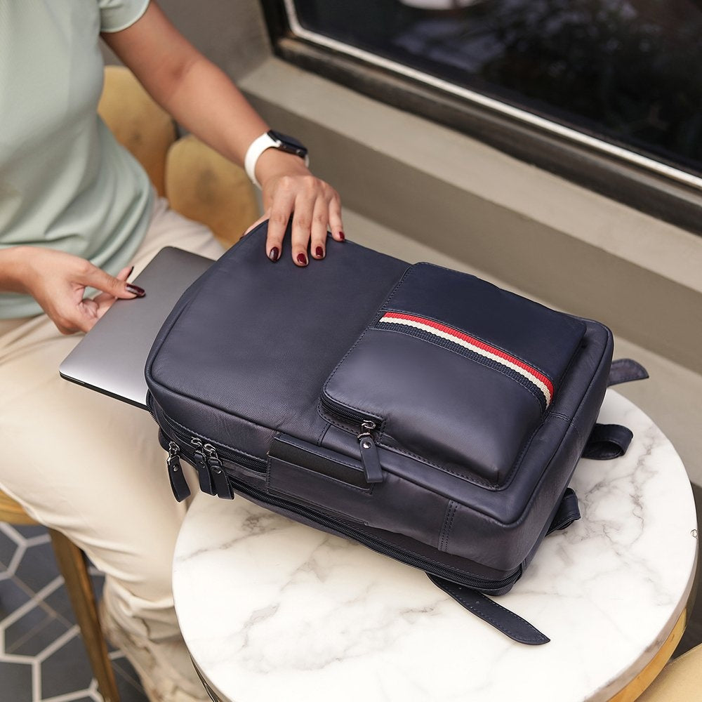 TEXAN Leather Laptop Backpack with Stripe - Navy