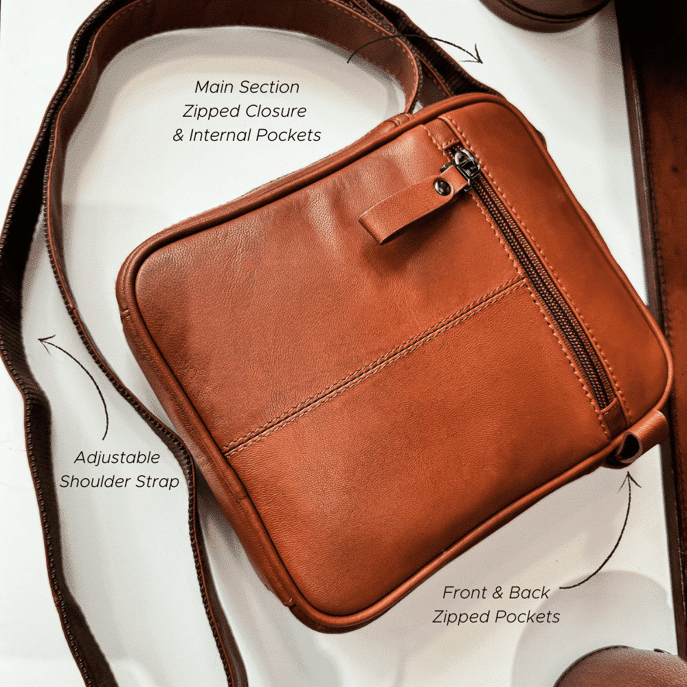 TEXAN Small Crossbody Bag with Stripe - Cognac