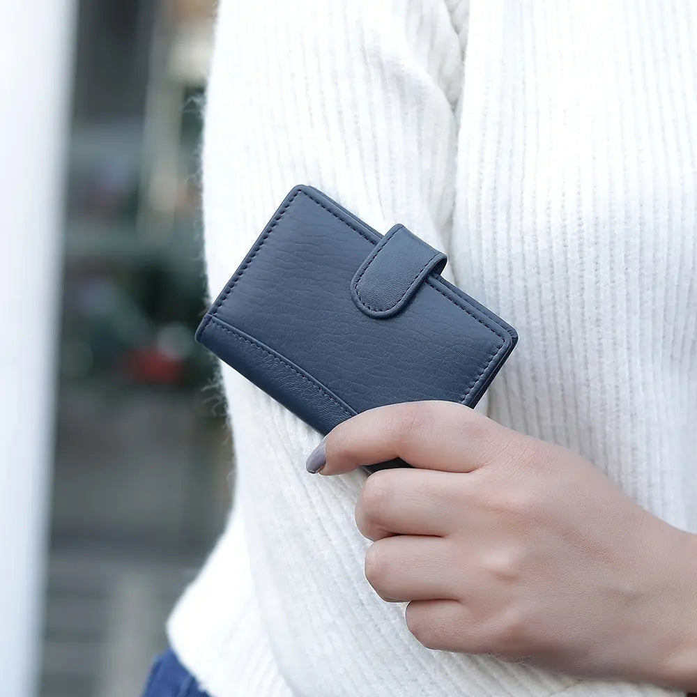 RFID Leather Credit Card Holder - Navy
