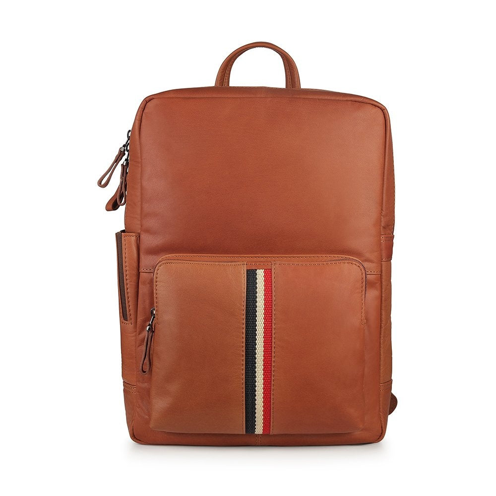 TEXAN Leather Laptop Backpack with Stripe - Cognac