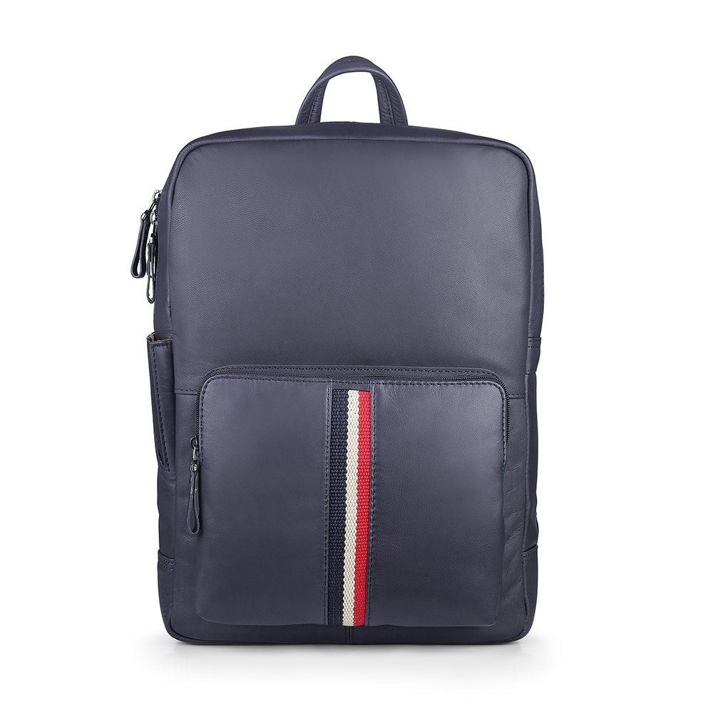 TEXAN Leather Laptop Backpack with Stripe - Navy