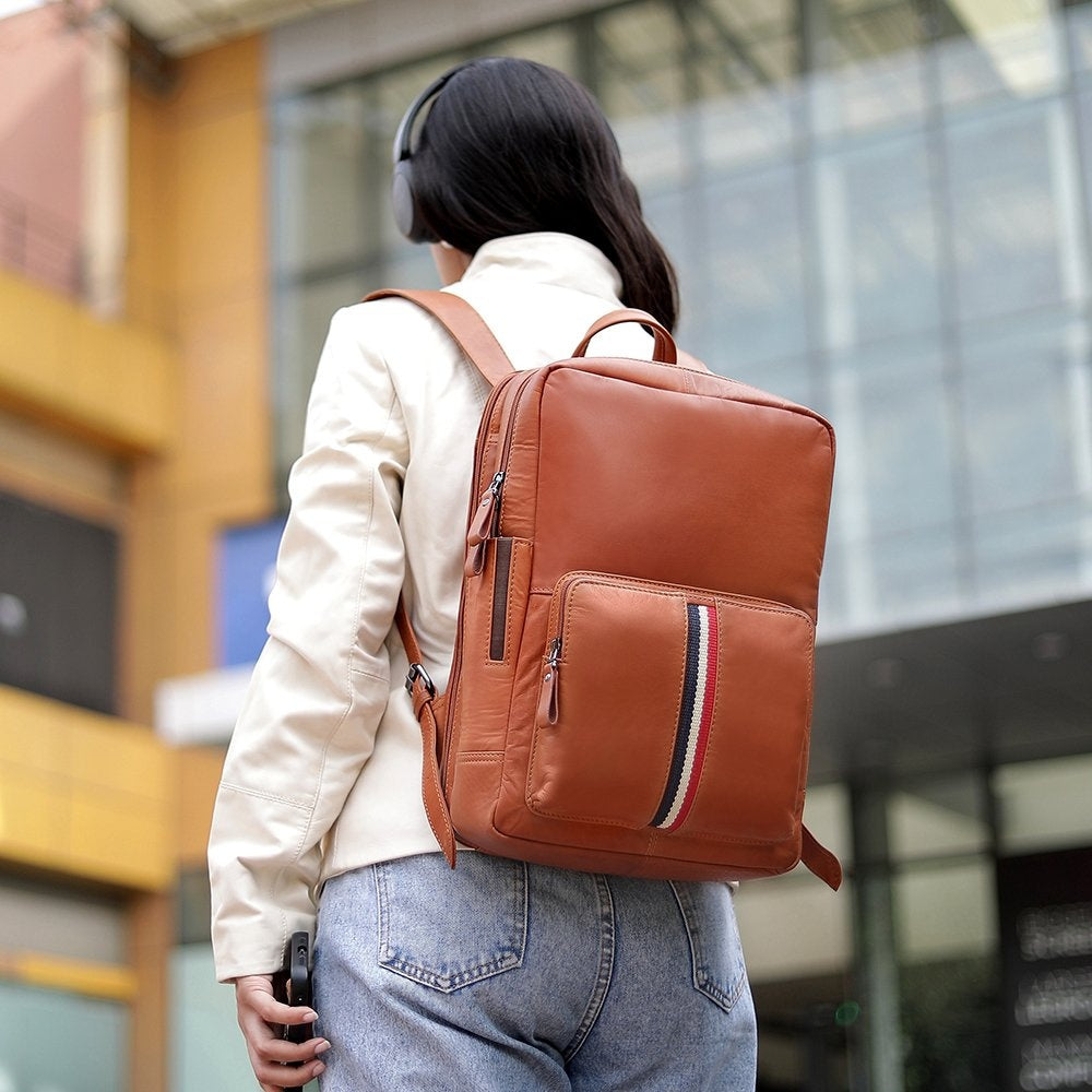 TEXAN Leather Laptop Backpack with Stripe - Cognac