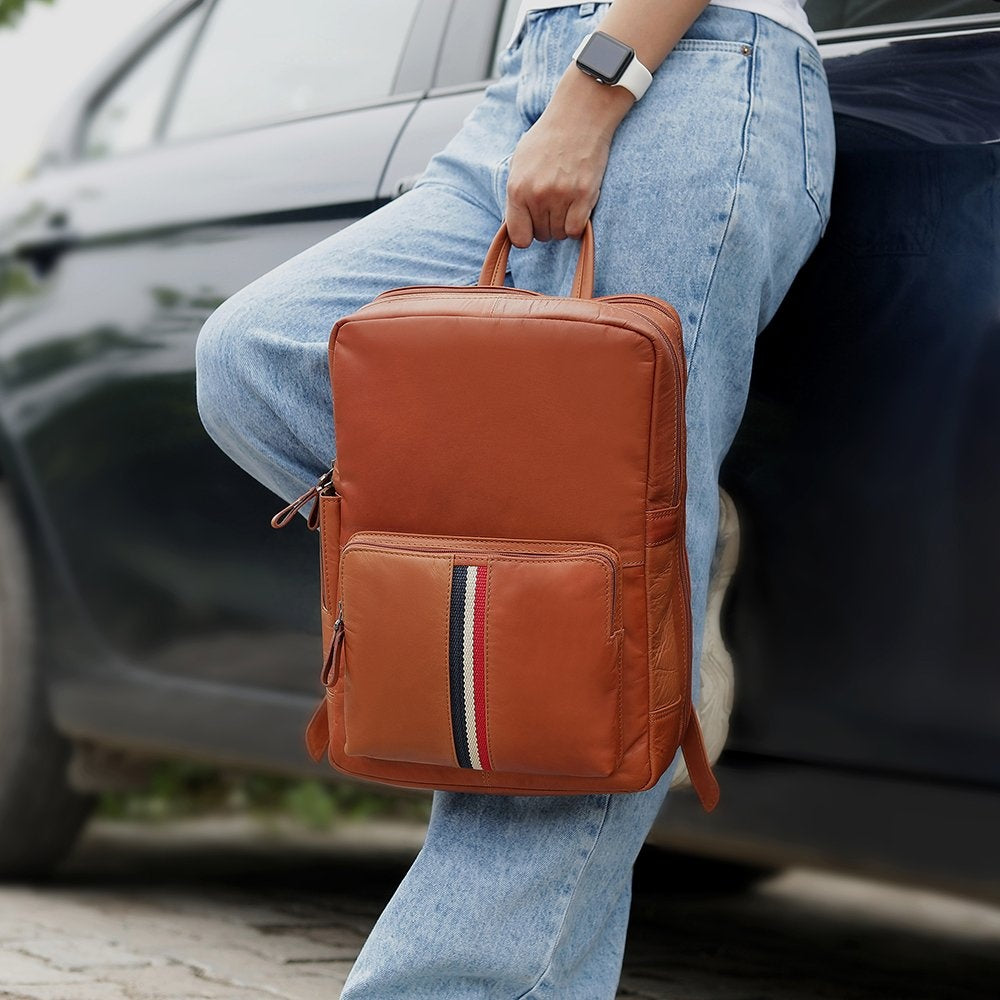 TEXAN Leather Laptop Backpack with Stripe - Cognac