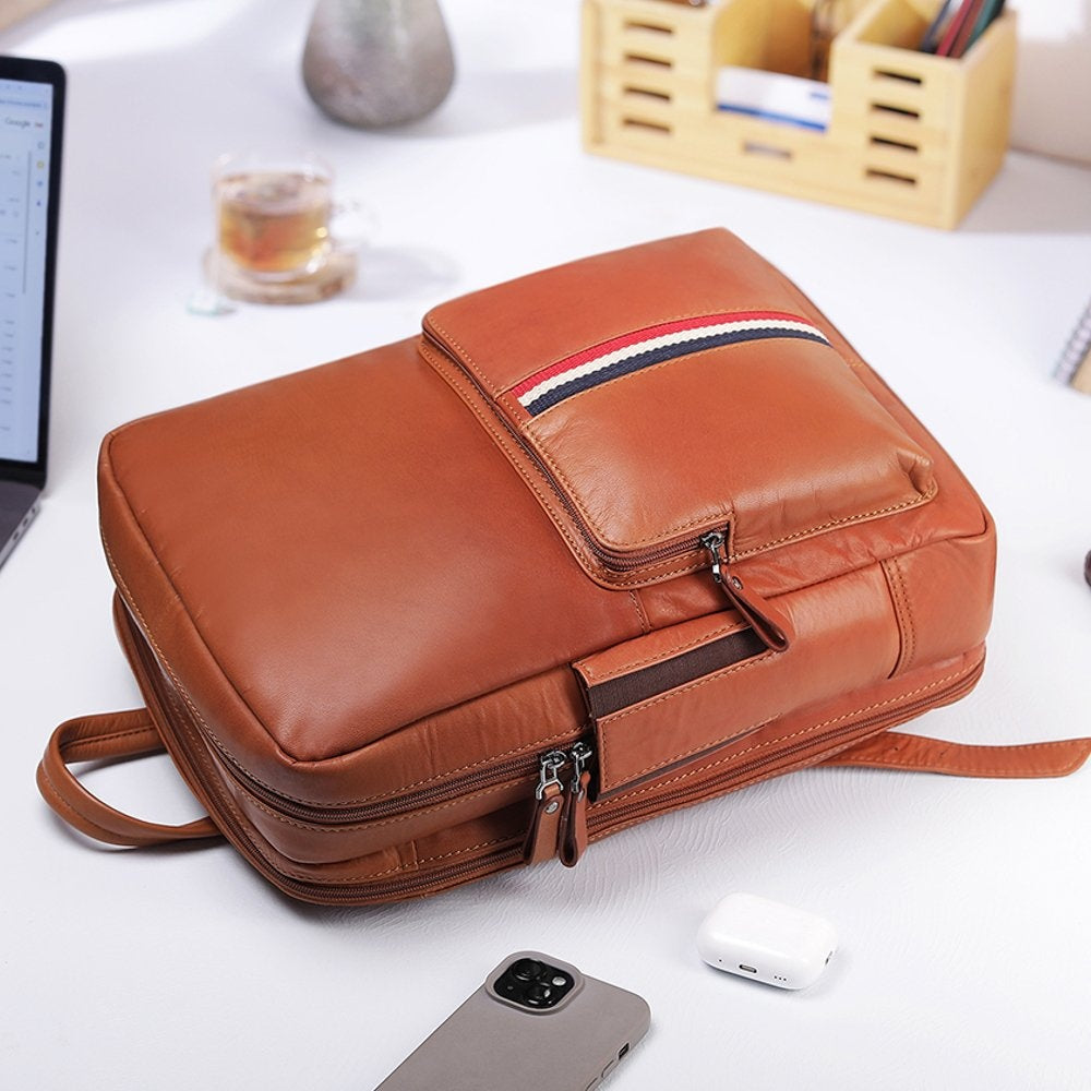 TEXAN Leather Laptop Backpack with Stripe - Cognac